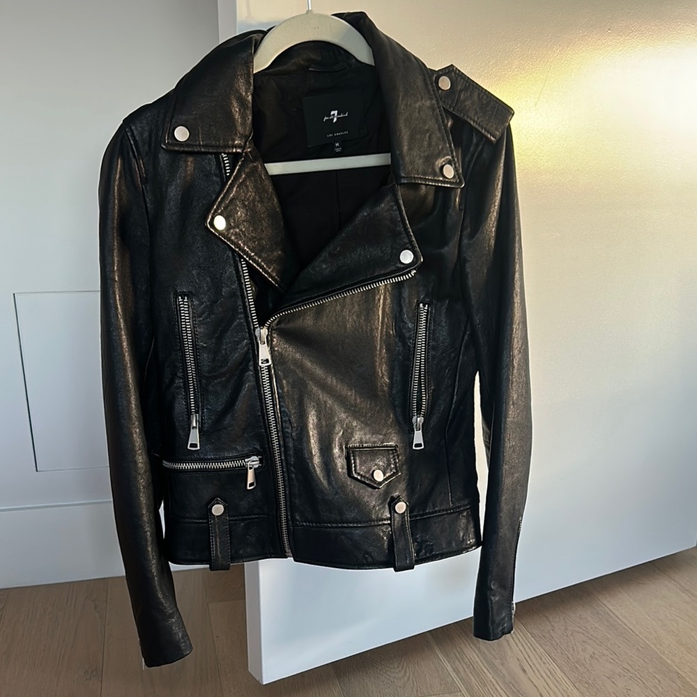 7 for all Mankind Black Leather Biker Jacket